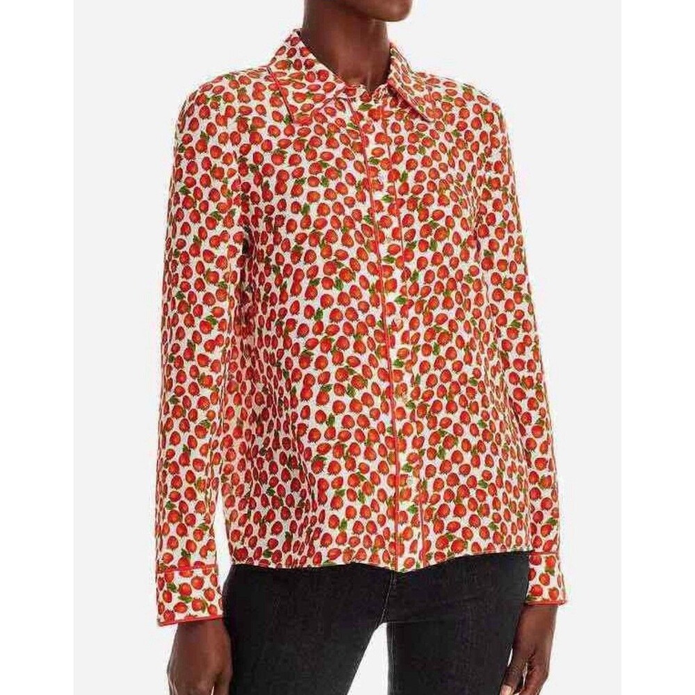 NWT ALICE + OLIVIA Strawberry Jam Silk Willa Top Shirt Blouse Berry Button Up S